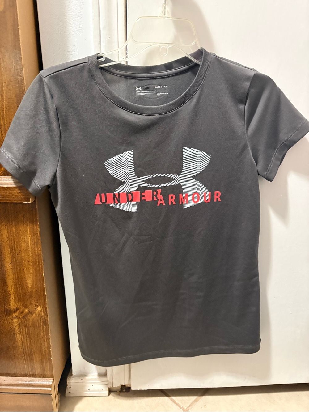 Under Armour Charcoal Short-Sleeve Tee with White Striped Logo and Red Text